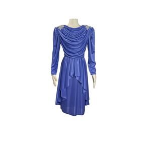 1980s Filigree Icy Blue Draped Bodice Appliquéd Polyester Disco Glam Dress